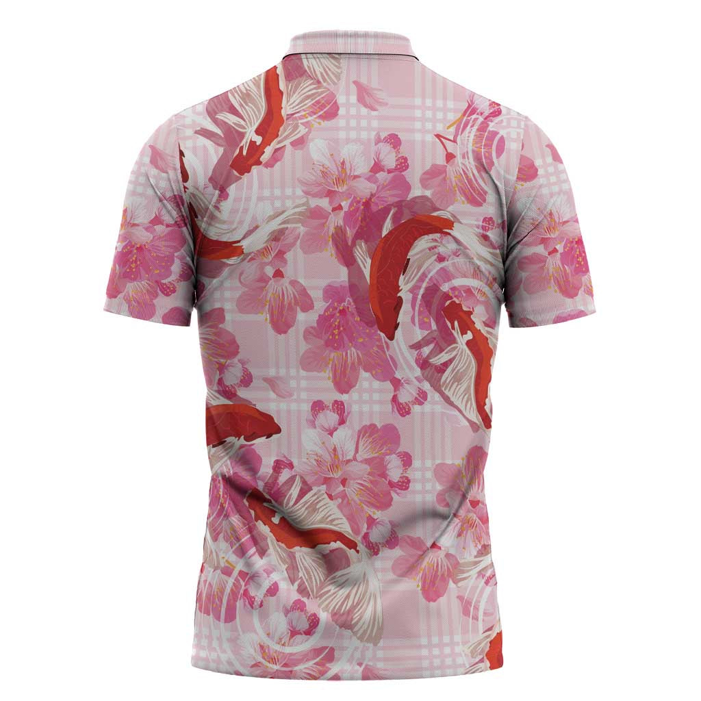 Pink Palaka Hawaii Aloha Zipper Polo Shirt Koi Pond Mix Sakura - Polynesian Pride
