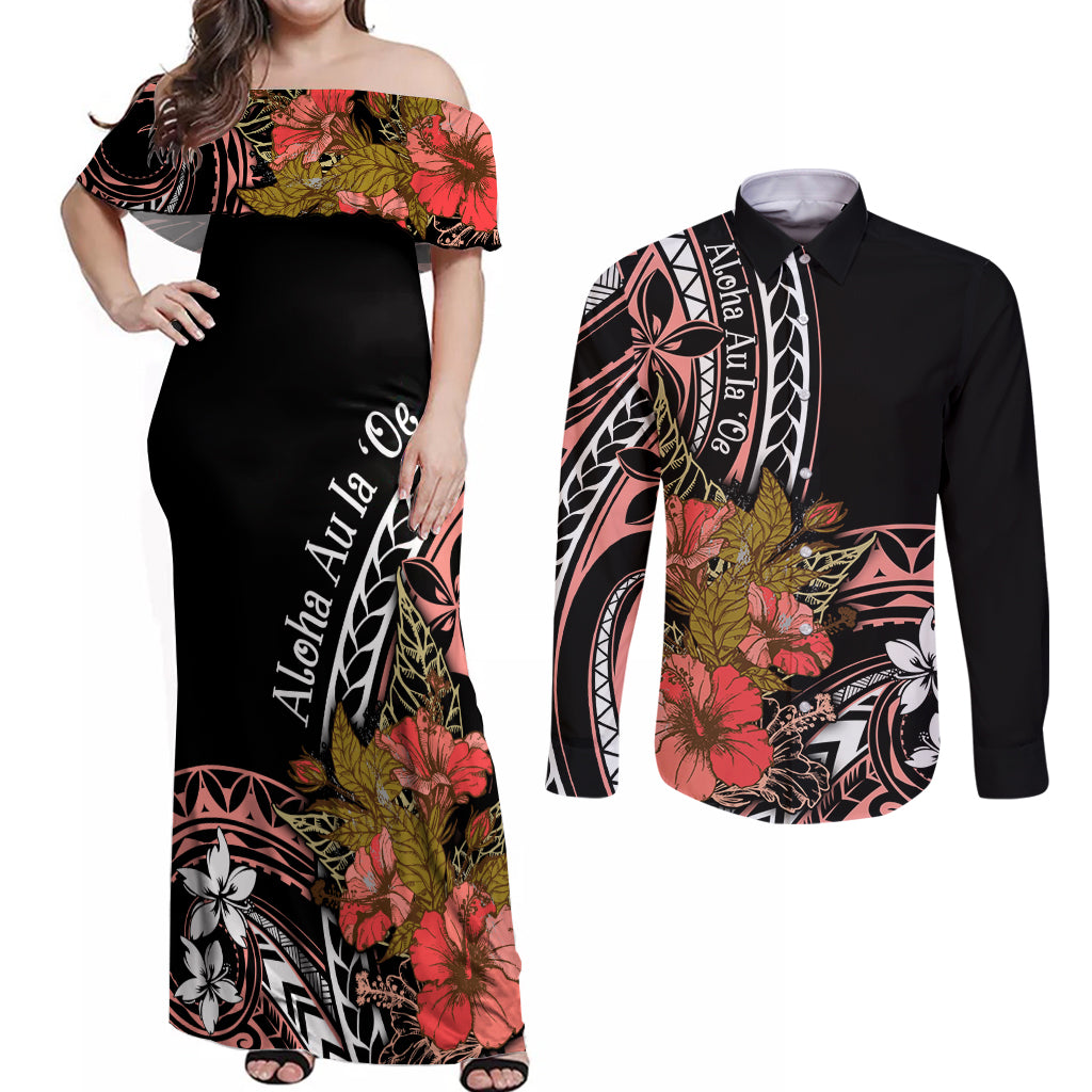Hawaii Valentine Couples Matching Off Shoulder Maxi Dress and Long Sleeve Button Shirt Plumeria Aloha Wau Ia Oe LT7 Pink - Polynesian Pride