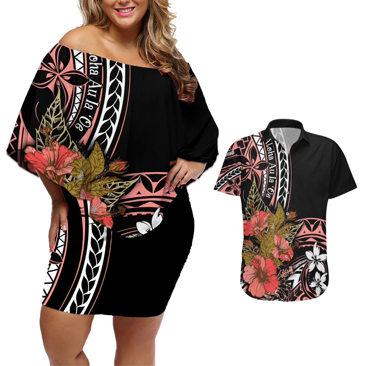 Hawaii Valentine Couples Matching Off Shoulder Short Dress and Hawaiian Shirt Plumeria Aloha Wau Ia Oe LT7 Pink - Polynesian Pride