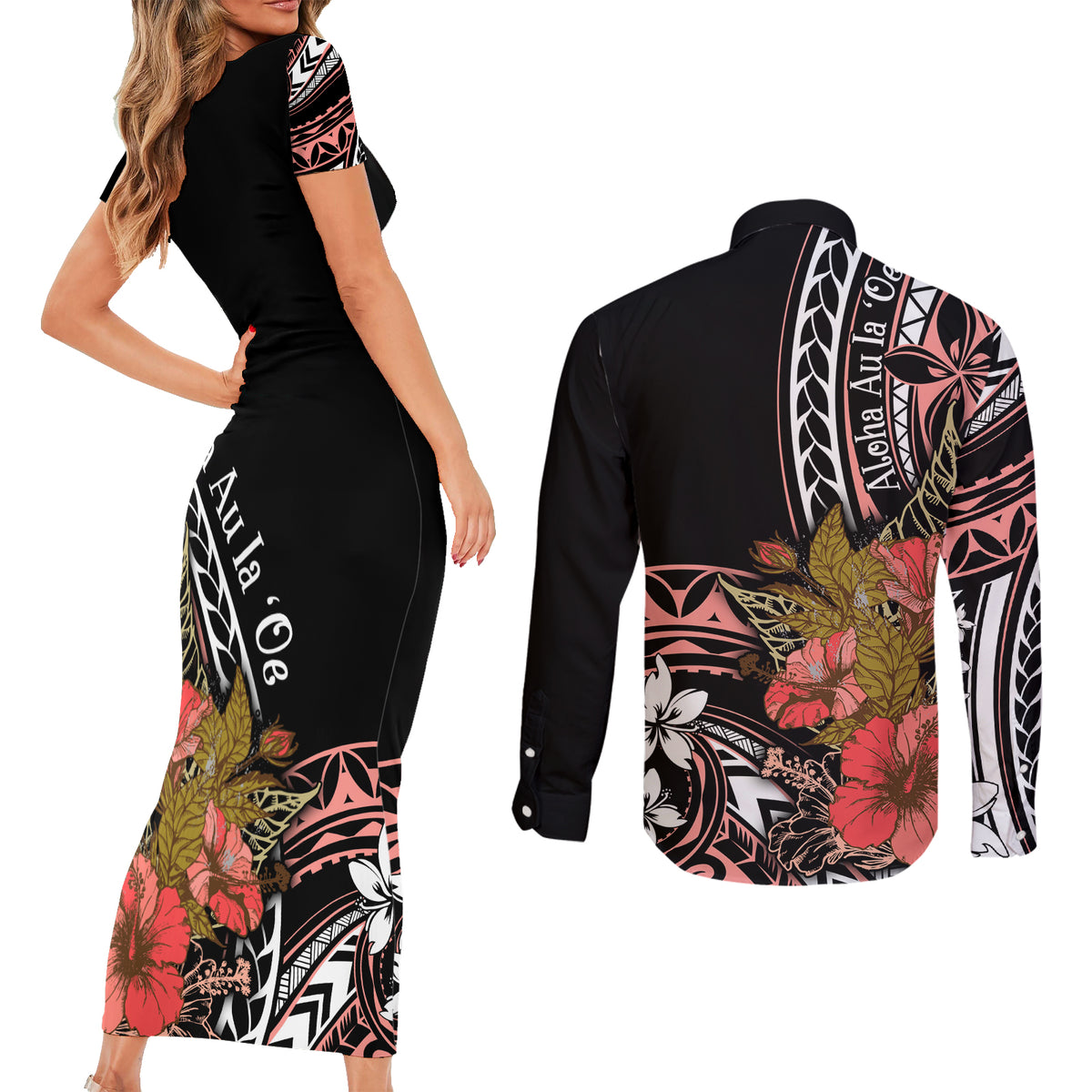Hawaii Valentine Couples Matching Short Sleeve Bodycon Dress and Long Sleeve Button Shirt Plumeria Aloha Wau Ia Oe LT7 - Polynesian Pride