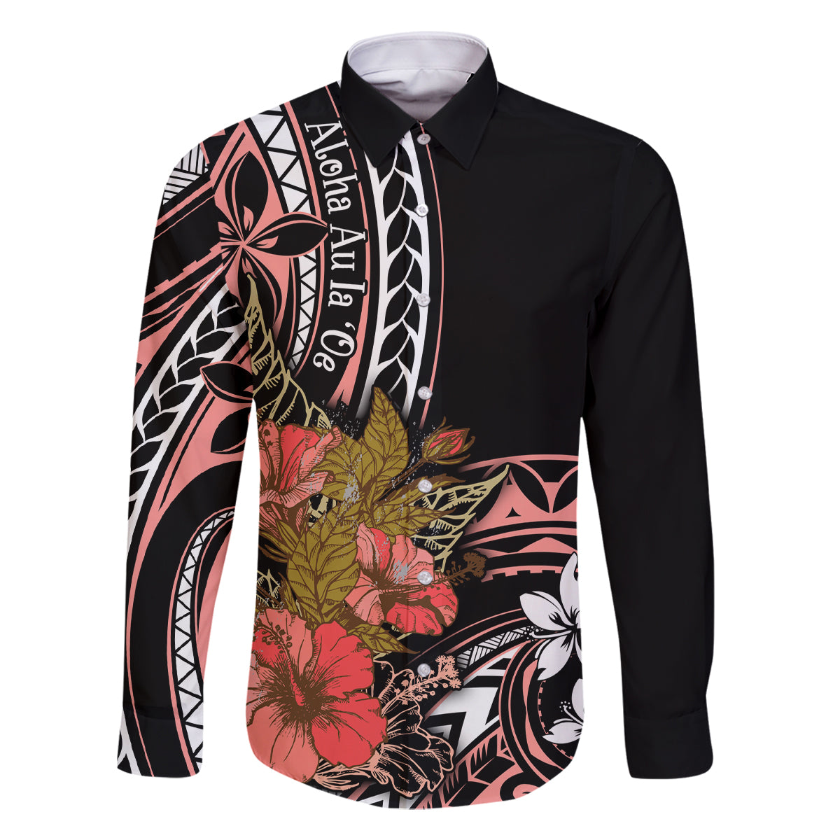 Hawaii Valentine Family Matching Off Shoulder Short Dress and Hawaiian Shirt Plumeria Aloha Wau Ia Oe LT7 Dad's Shirt - Long Sleeve Pink - Polynesian Pride