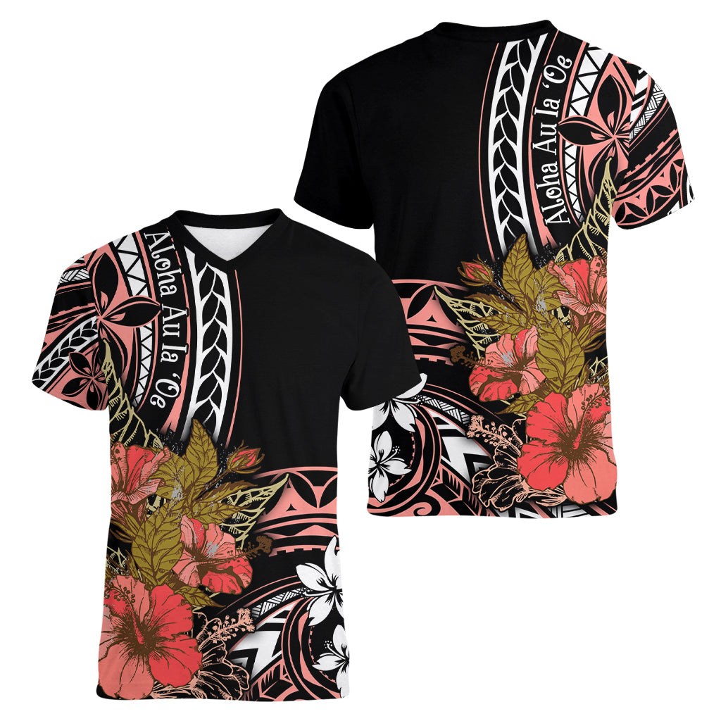 Hawaii Valentine Women V Neck T Shirt Plumeria Aloha Wau Ia Oe LT7 - Polynesian Pride