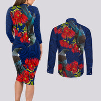 New Zealand Couples Matching Long Sleeve Bodycon Dress and Long Sleeve Button Shirt Tui Couple with Pohutukawa LT7 - Polynesian Pride