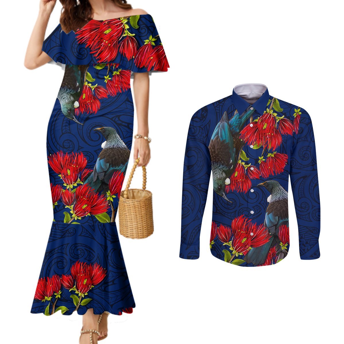 New Zealand Couples Matching Mermaid Dress and Long Sleeve Button Shirt Tui Couple with Pohutukawa LT7 Blue - Polynesian Pride
