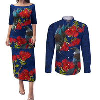 New Zealand Couples Matching Puletasi and Long Sleeve Button Shirt Tui Couple with Pohutukawa LT7 Blue - Polynesian Pride