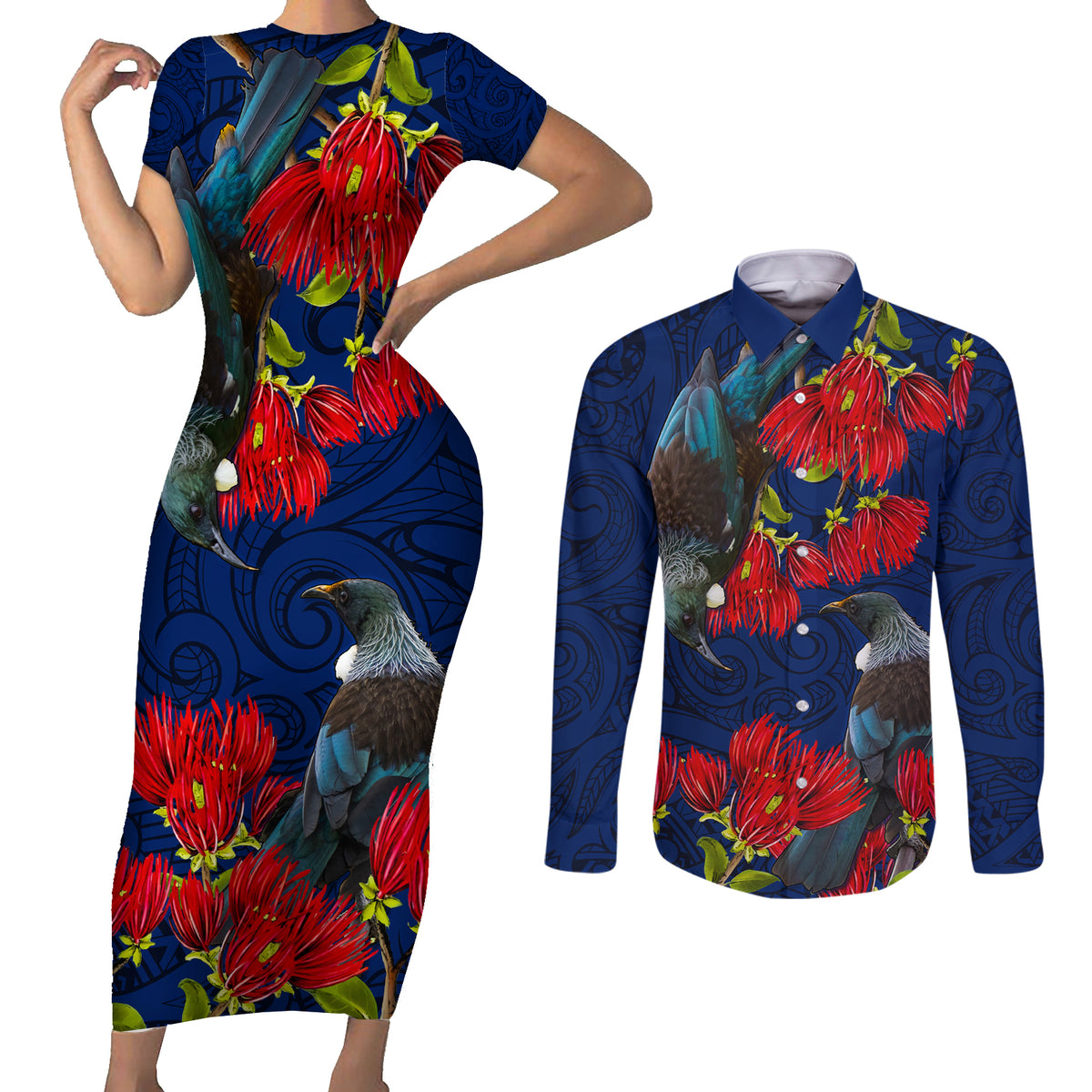 New Zealand Couples Matching Short Sleeve Bodycon Dress and Long Sleeve Button Shirt Tui Couple with Pohutukawa LT7 Blue - Polynesian Pride