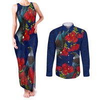 New Zealand Couples Matching Tank Maxi Dress and Long Sleeve Button Shirt Tui Couple with Pohutukawa LT7 Blue - Polynesian Pride