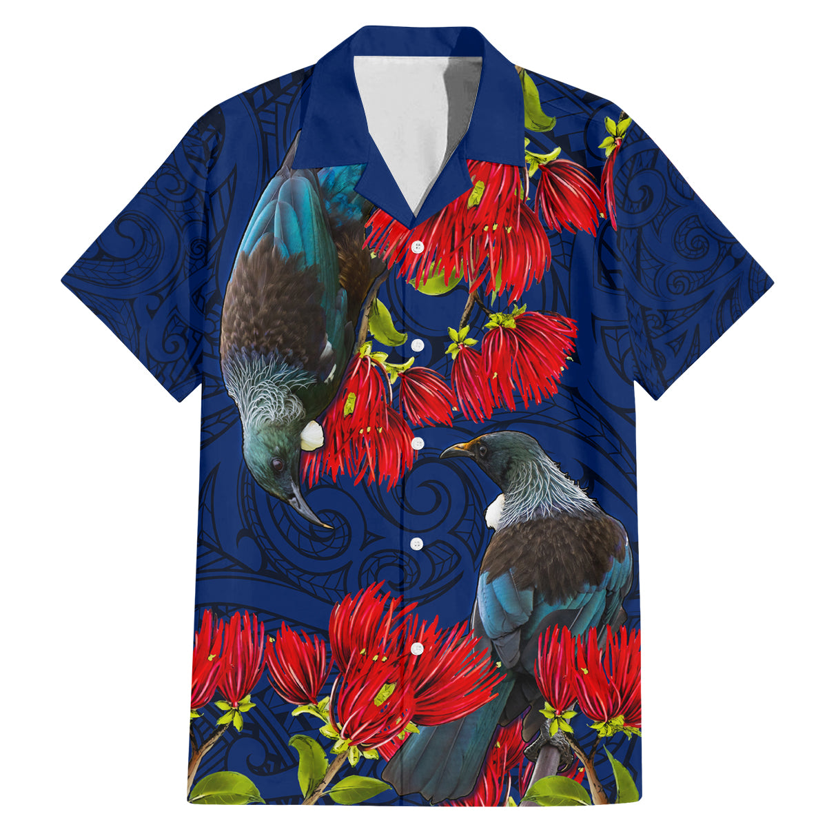 New Zealand Family Matching Mermaid Dress and Hawaiian Shirt Tui Couple with Pohutukawa LT7 Dad's Shirt - Short Sleeve Blue - Polynesian Pride