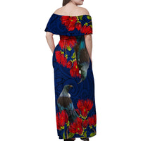New Zealand Family Matching Off Shoulder Maxi Dress and Hawaiian Shirt Tui Couple with Pohutukawa LT7 - Polynesian Pride