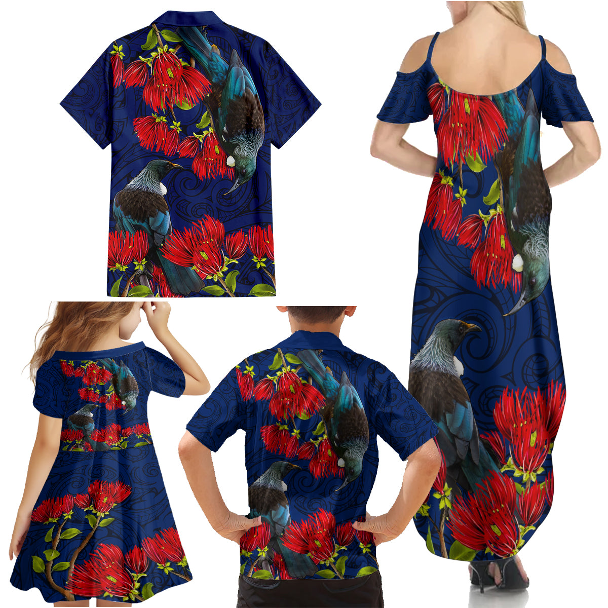 New Zealand Family Matching Summer Maxi Dress and Hawaiian Shirt Tui Couple with Pohutukawa LT7 - Polynesian Pride