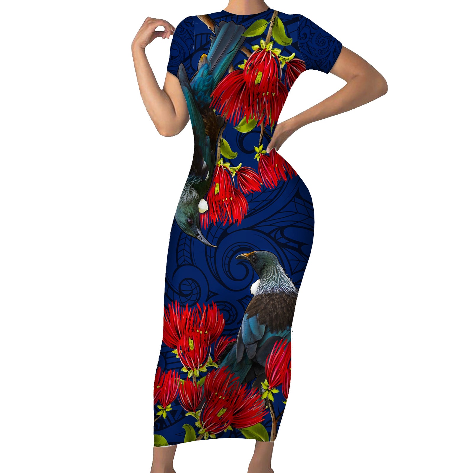 New Zealand Short Sleeve Bodycon Dress Tui Couple with Pohutukawa LT7 Long Dress Blue - Polynesian Pride