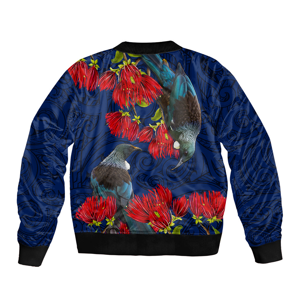 New Zealand Sleeve Zip Bomber Jacket Tui Couple with Pohutukawa LT7 - Polynesian Pride