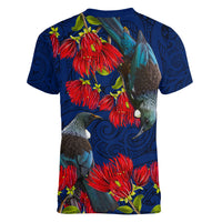 New Zealand Women V Neck T Shirt Tui Couple with Pohutukawa LT7 - Polynesian Pride