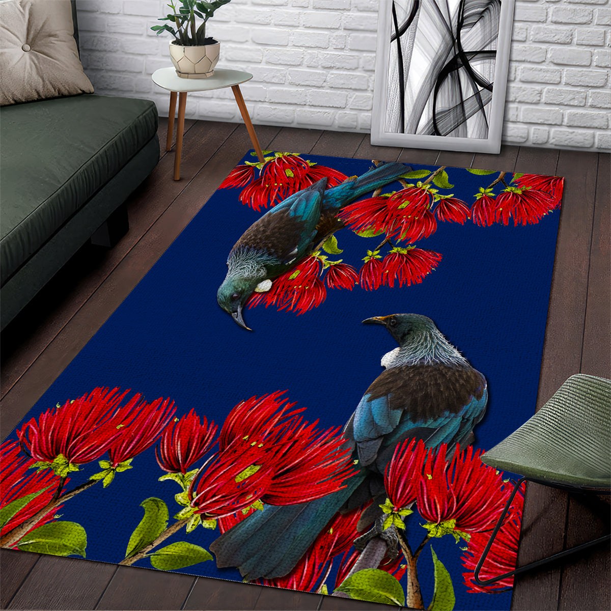 New Zealand Pohutukawa with Tui Birds Area Rug Version 2 LT7 Blue - Polynesian Pride