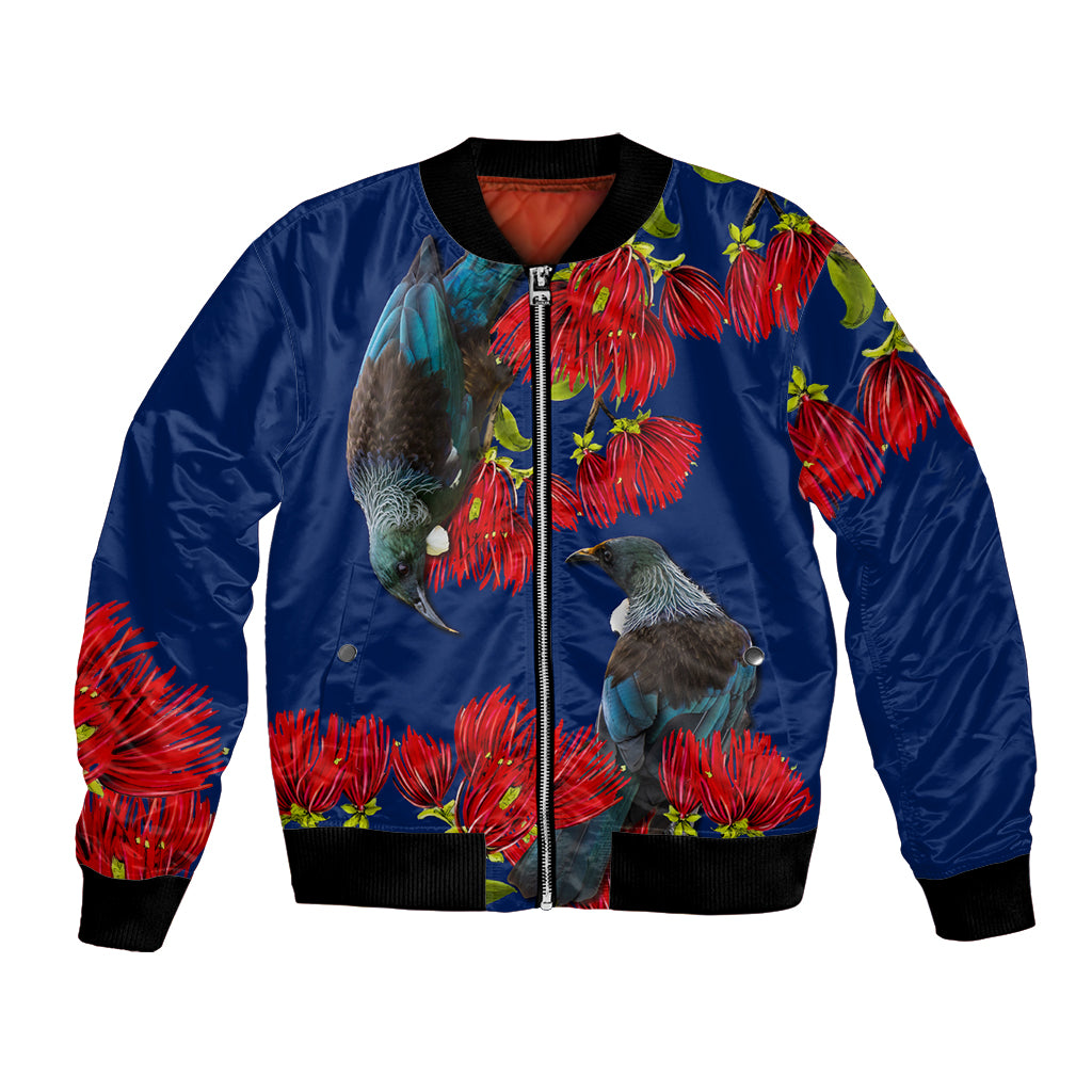 New Zealand Pohutukawa with Tui Birds Bomber Jacket Version 2 LT7 Unisex Blue - Polynesian Pride