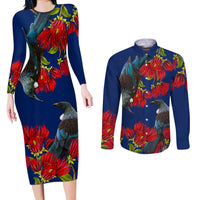 New Zealand Pohutukawa with Tui Birds Couples Matching Long Sleeve Bodycon Dress and Long Sleeve Button Shirt Version 2 LT7 Blue - Polynesian Pride
