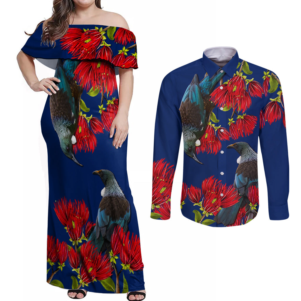 New Zealand Pohutukawa with Tui Birds Couples Matching Off Shoulder Maxi Dress and Long Sleeve Button Shirt Version 2 LT7 Blue - Polynesian Pride