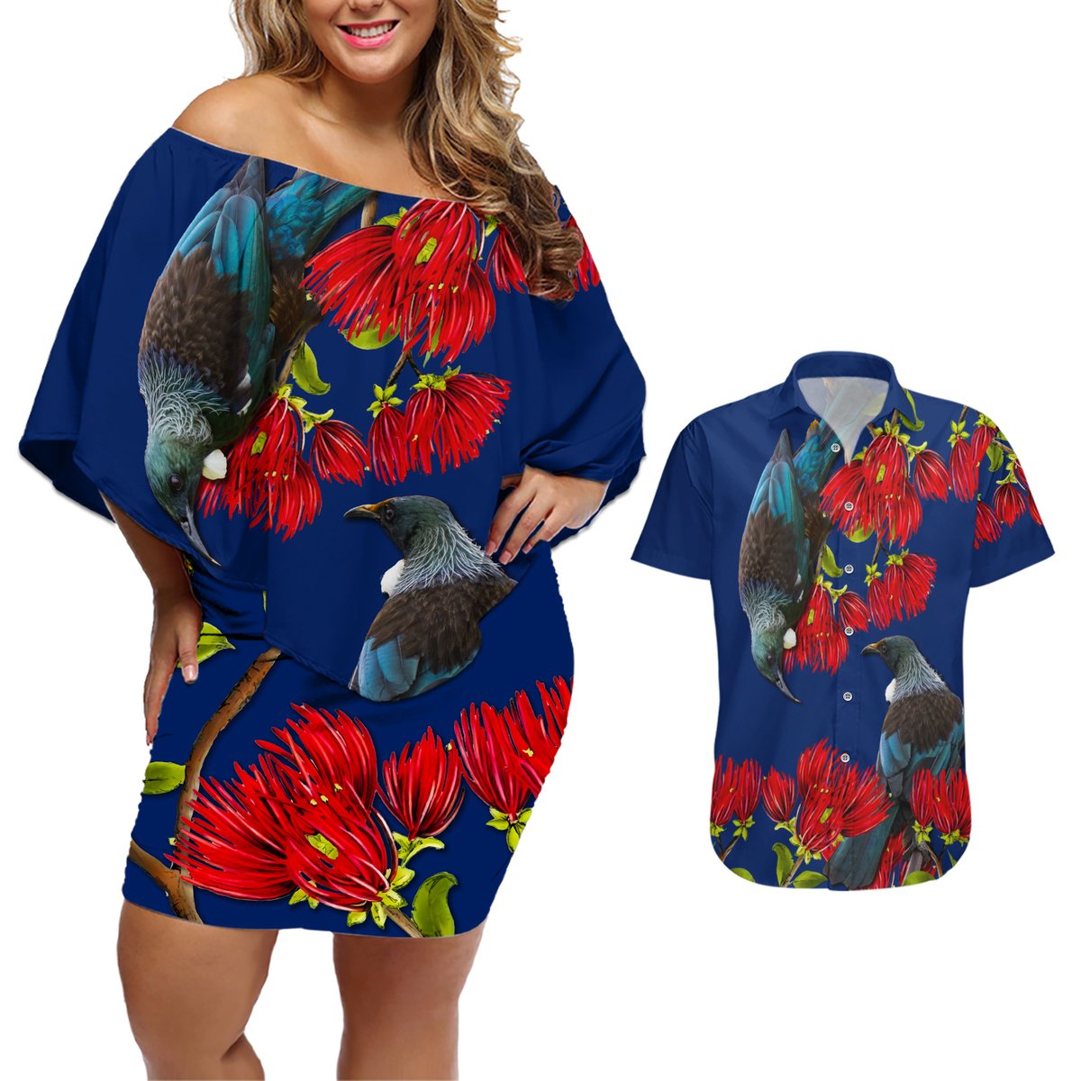 New Zealand Pohutukawa with Tui Birds Couples Matching Off Shoulder Short Dress and Hawaiian Shirt Version 2 LT7 Blue - Polynesian Pride