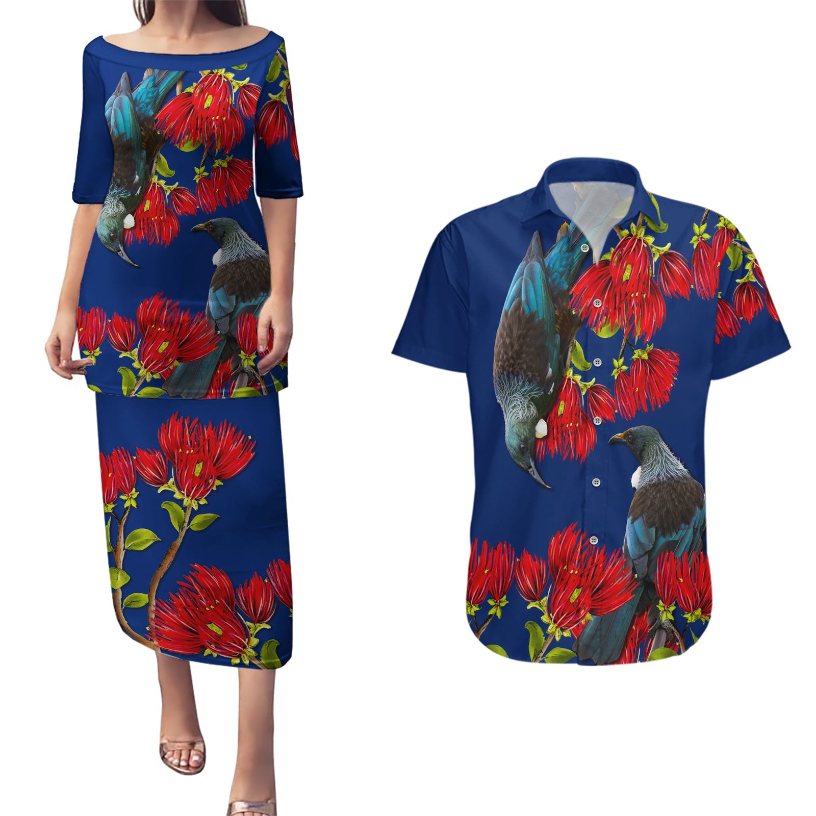 New Zealand Pohutukawa with Tui Birds Couples Matching Puletasi and Hawaiian Shirt Version 2 LT7 Blue - Polynesian Pride