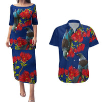 New Zealand Pohutukawa with Tui Birds Couples Matching Puletasi and Hawaiian Shirt Version 2 LT7 Blue - Polynesian Pride