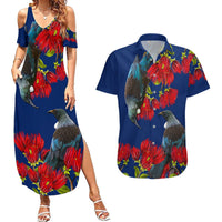 New Zealand Pohutukawa with Tui Birds Couples Matching Summer Maxi Dress and Hawaiian Shirt Version 2 LT7 Blue - Polynesian Pride