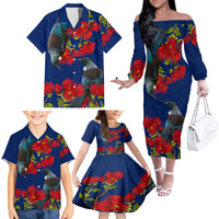 New Zealand Pohutukawa with Tui Birds Family Matching Off Shoulder Long Sleeve Dress and Hawaiian Shirt Version 2 LT7 - Polynesian Pride