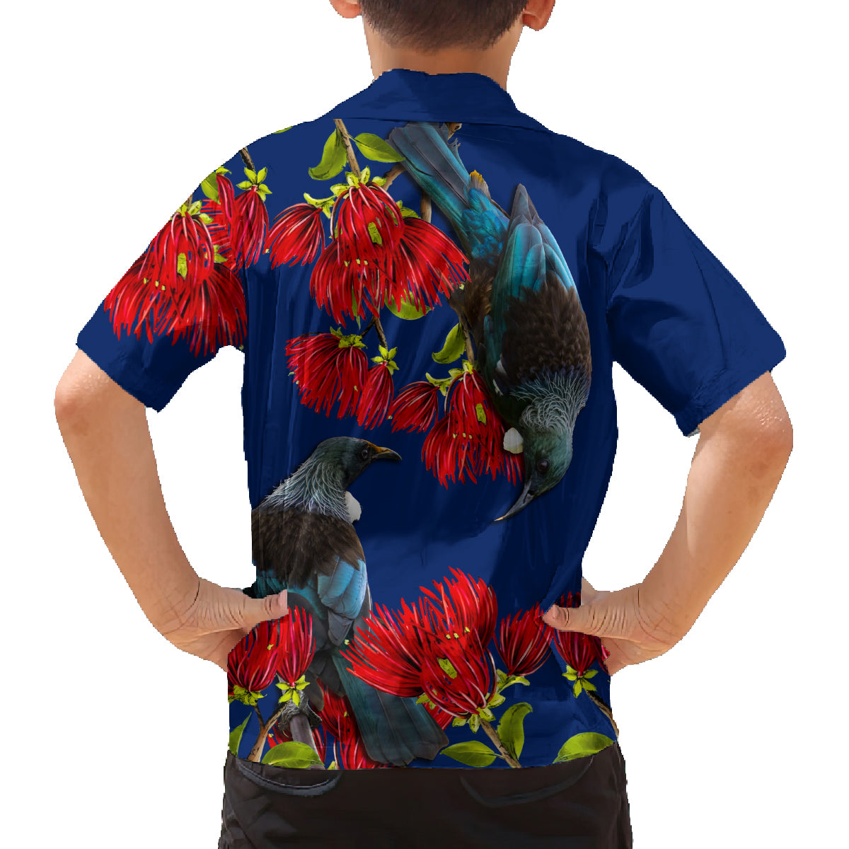 New Zealand Pohutukawa with Tui Birds Family Matching Off Shoulder Short Dress and Hawaiian Shirt Version 2 LT7 - Polynesian Pride