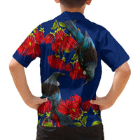 New Zealand Pohutukawa with Tui Birds Family Matching Off Shoulder Short Dress and Hawaiian Shirt Version 2 LT7 - Polynesian Pride