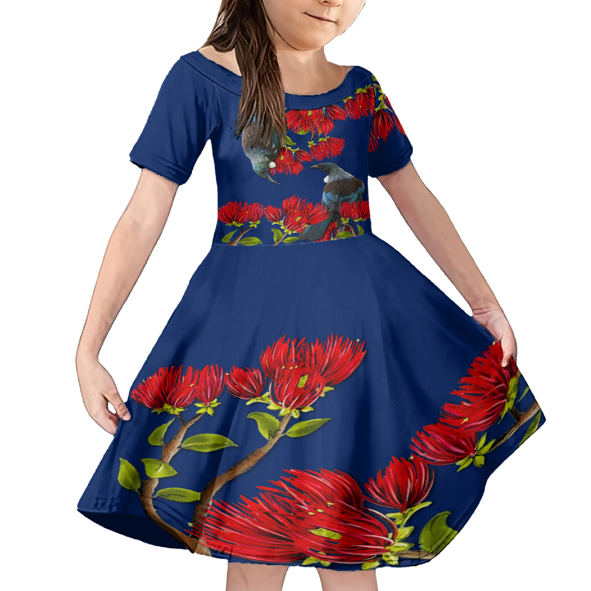 New Zealand Pohutukawa with Tui Birds Family Matching Off Shoulder Short Dress and Hawaiian Shirt Version 2 LT7 Daughter's Dress Blue - Polynesian Pride