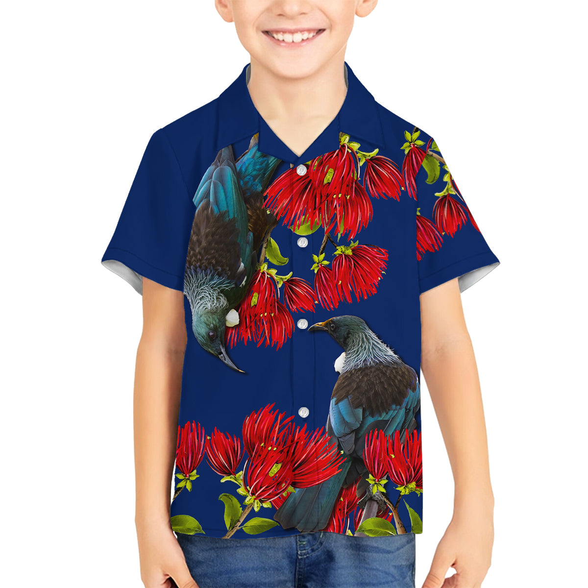 New Zealand Pohutukawa with Tui Birds Family Matching Off Shoulder Short Dress and Hawaiian Shirt Version 2 LT7 Son's Shirt Blue - Polynesian Pride