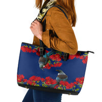 New Zealand Pohutukawa with Tui Birds Leather Tote Bag Version 2 LT7 Blue - Polynesian Pride