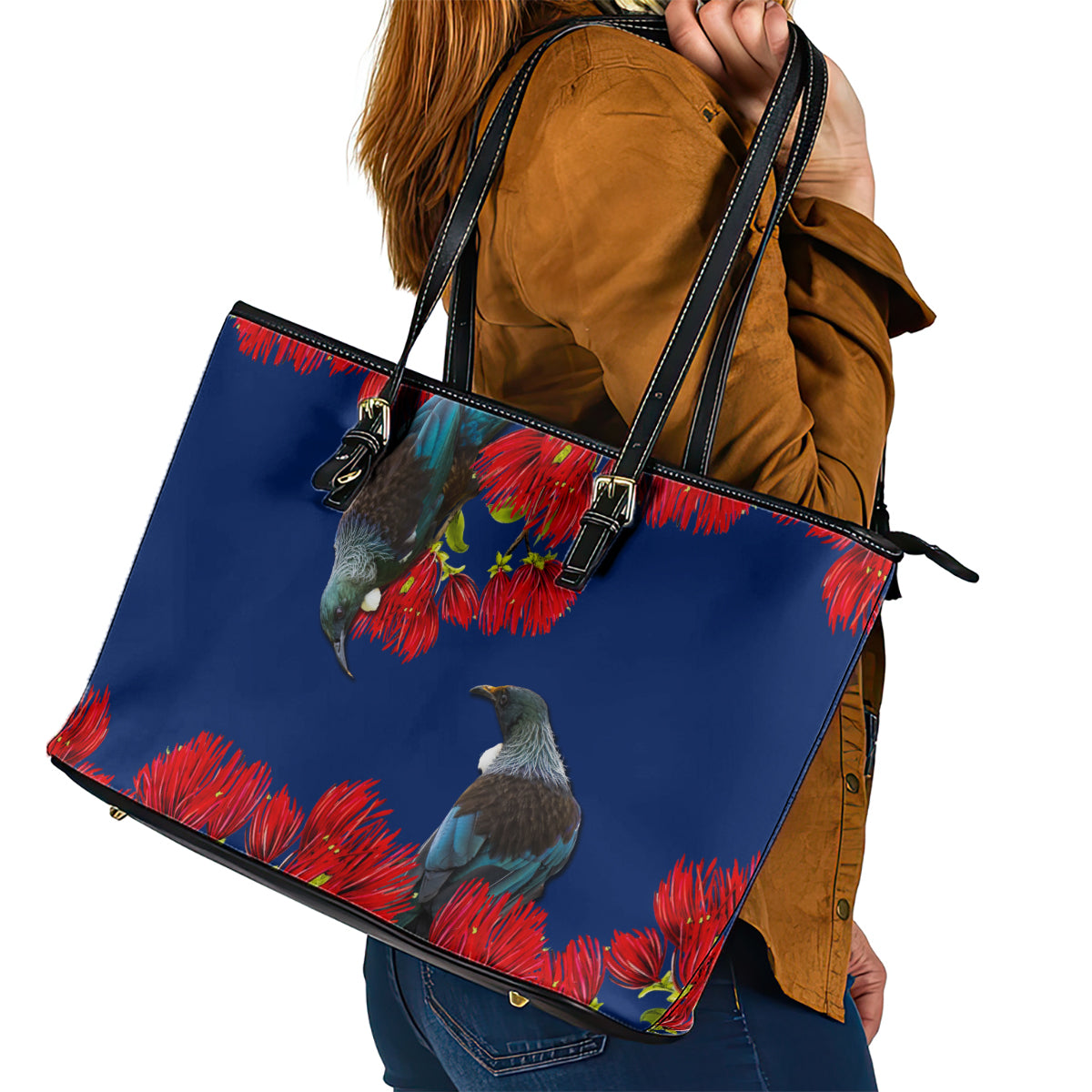 New Zealand Pohutukawa with Tui Birds Leather Tote Bag Version 2 LT7 - Polynesian Pride