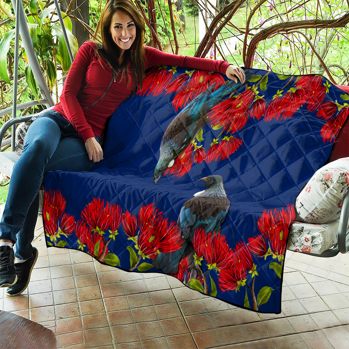 New Zealand Pohutukawa with Tui Birds Quilt Version 2 LT7 - Polynesian Pride