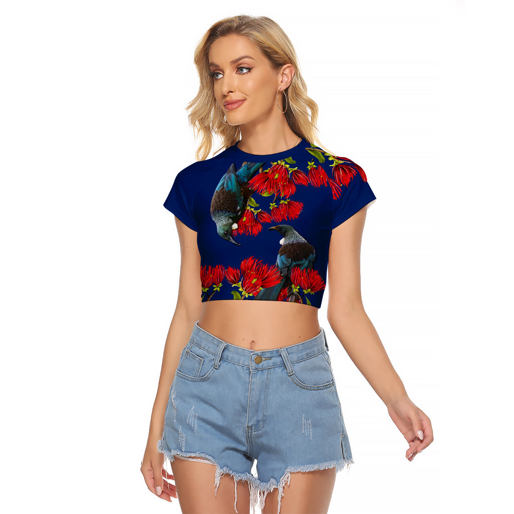 New Zealand Pohutukawa with Tui Birds Raglan Cropped T Shirt Version 2 LT7 Female Blue - Polynesian Pride