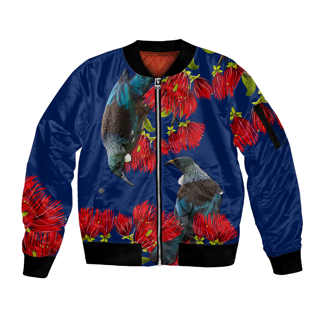 New Zealand Pohutukawa with Tui Birds Sleeve Zip Bomber Jacket Version 2 LT7 Unisex Blue - Polynesian Pride