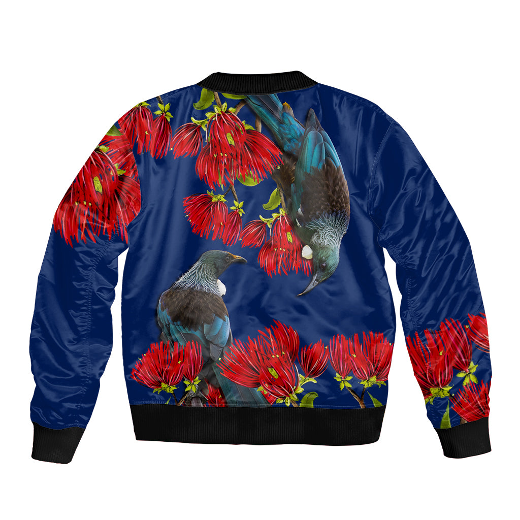 New Zealand Pohutukawa with Tui Birds Sleeve Zip Bomber Jacket Version 2 LT7 - Polynesian Pride