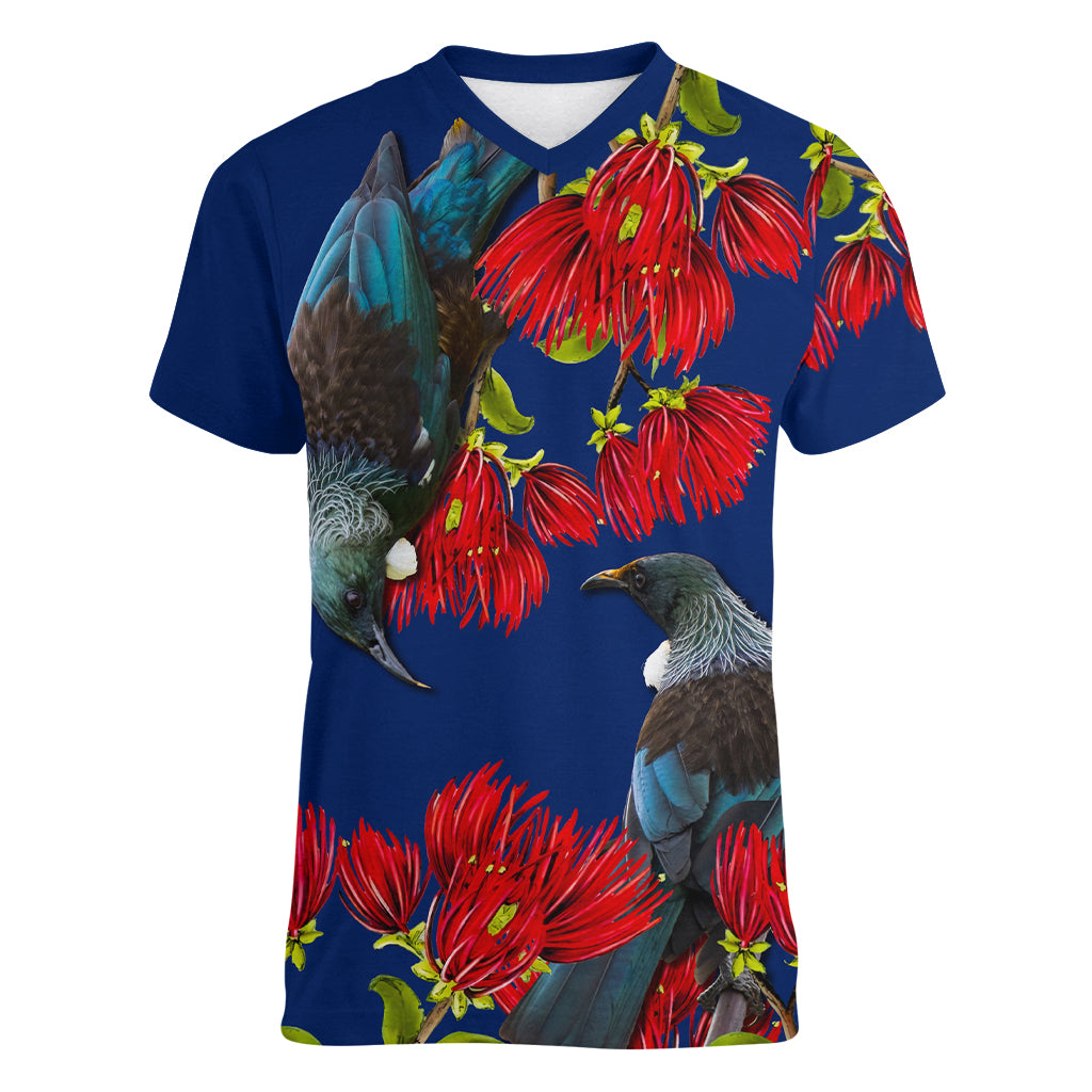 New Zealand Pohutukawa with Tui Birds Women V Neck T Shirt Version 2 LT7 Female Blue - Polynesian Pride