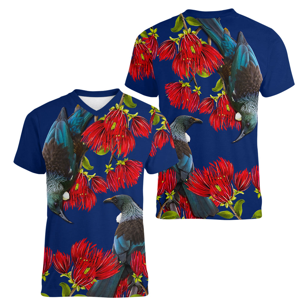 New Zealand Pohutukawa with Tui Birds Women V Neck T Shirt Version 2 LT7 - Polynesian Pride