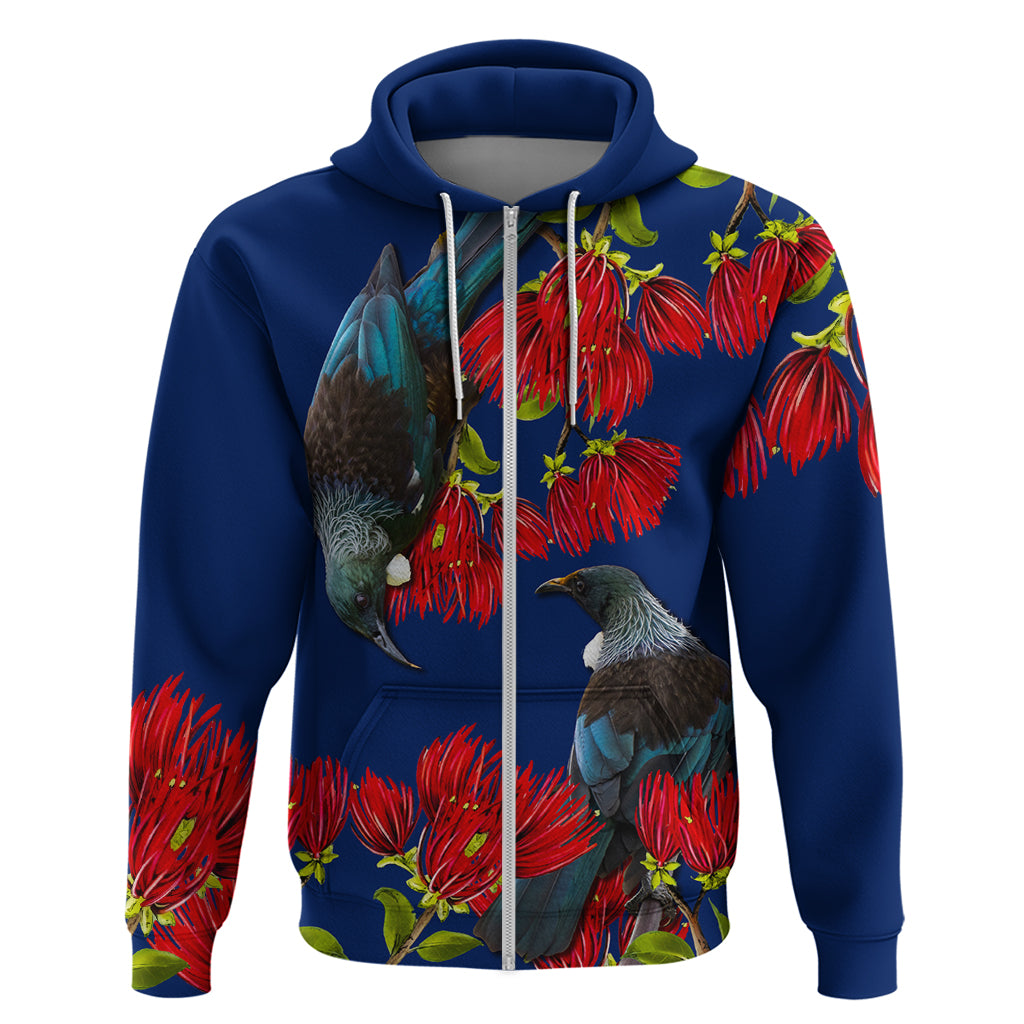 New Zealand Pohutukawa with Tui Birds Zip Hoodie Version 2 LT7 Zip Hoodie Blue - Polynesian Pride