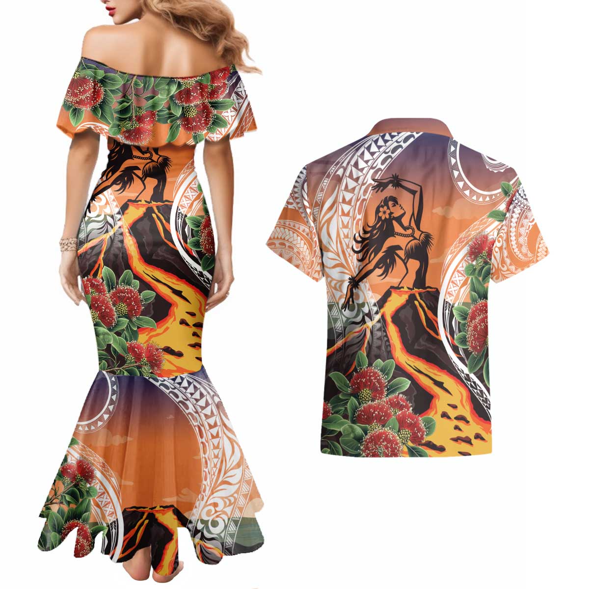 Hawaii Women's Day Tribal Couples Matching Mermaid Dress and Hawaiian Shirt Pele Honua Mea