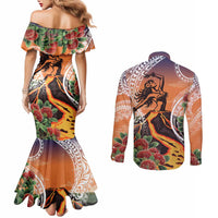 Hawaii Women's Day Tribal Couples Matching Mermaid Dress and Long Sleeve Button Shirt Pele Honua Mea