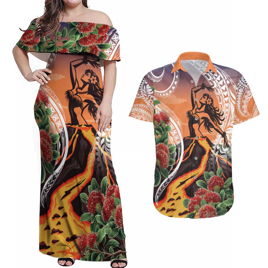 Hawaii Women's Day Tribal Couples Matching Off Shoulder Maxi Dress and Hawaiian Shirt Pele Honua Mea