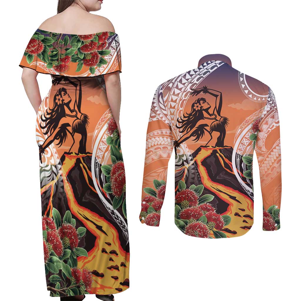 Hawaii Women's Day Tribal Couples Matching Off Shoulder Maxi Dress and Long Sleeve Button Shirt Pele Honua Mea