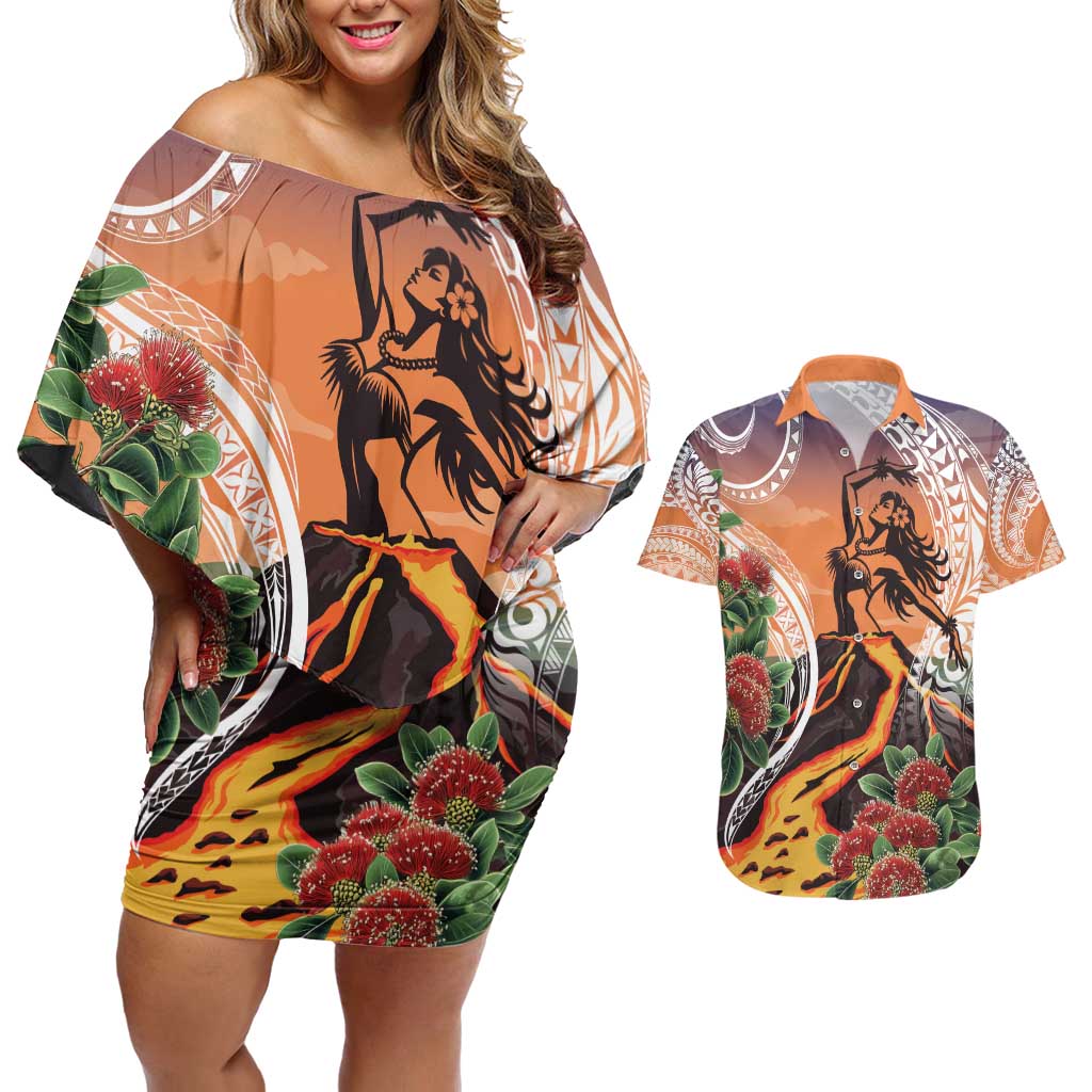 Hawaii Women's Day Tribal Couples Matching Off Shoulder Short Dress and Hawaiian Shirt Pele Honua Mea