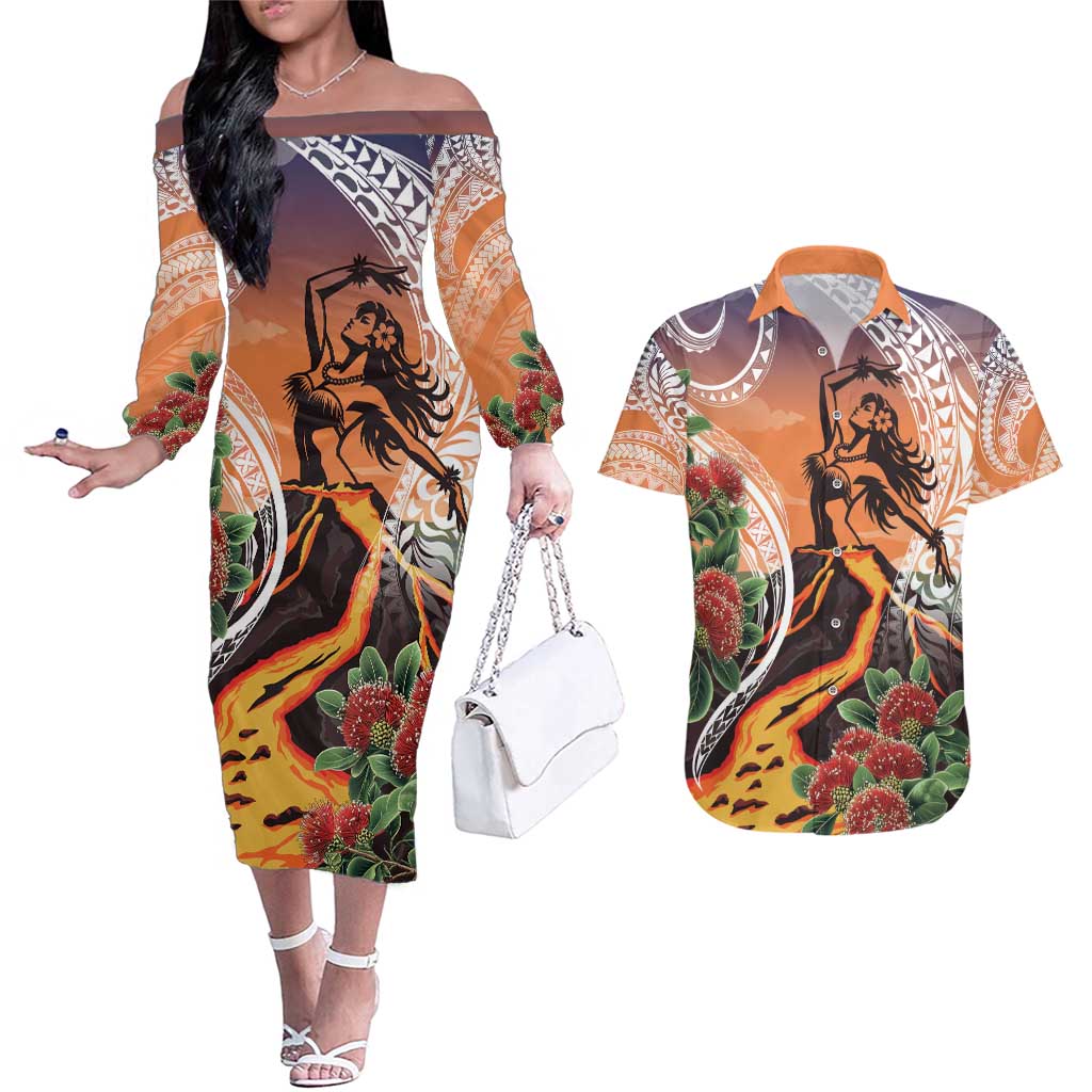 Hawaii Women's Day Tribal Couples Matching Off The Shoulder Long Sleeve Dress and Hawaiian Shirt Pele Honua Mea