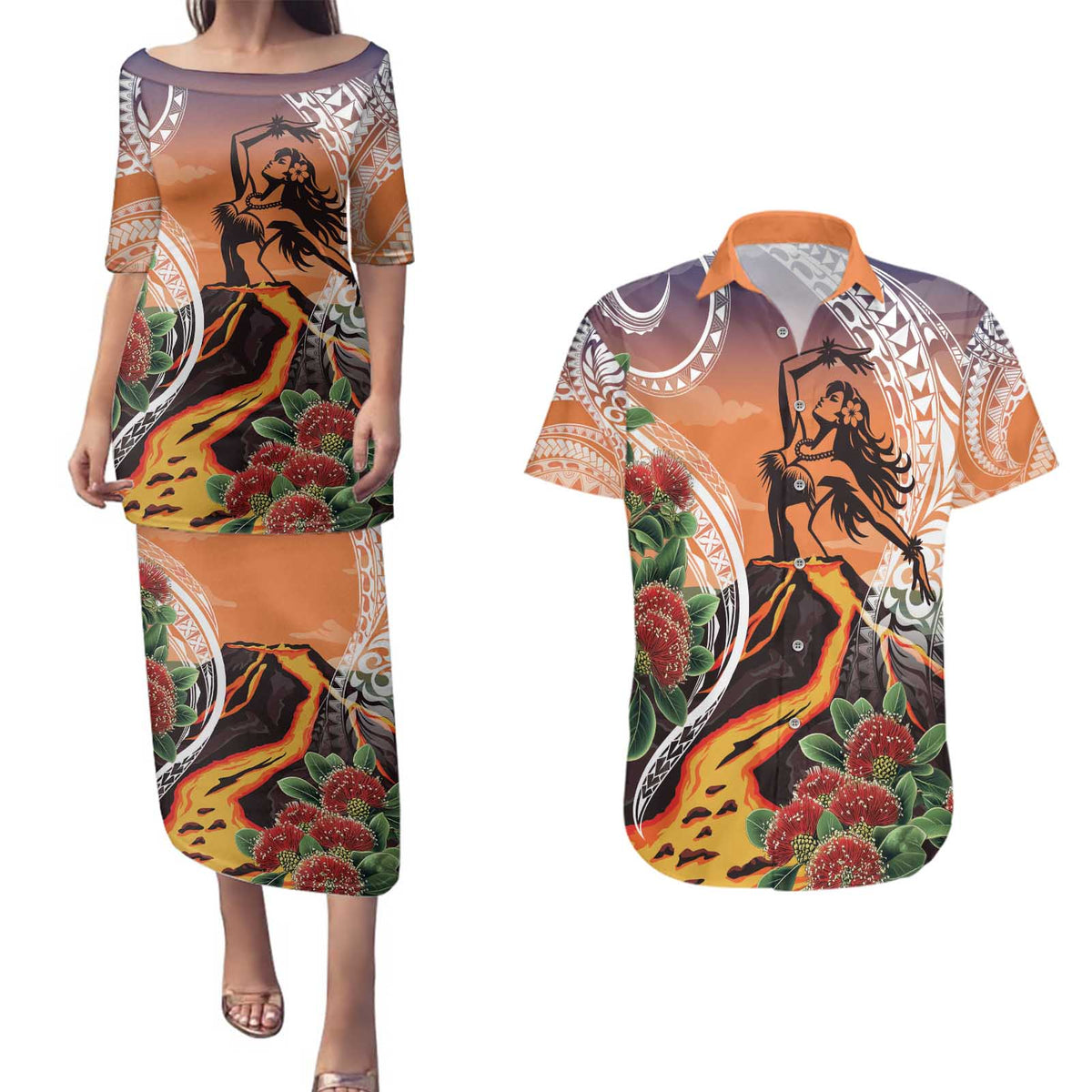 Hawaii Women's Day Tribal Couples Matching Puletasi and Hawaiian Shirt Pele Honua Mea