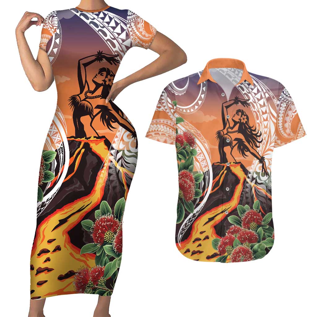 Hawaii Women's Day Tribal Couples Matching Short Sleeve Bodycon Dress and Hawaiian Shirt Pele Honua Mea