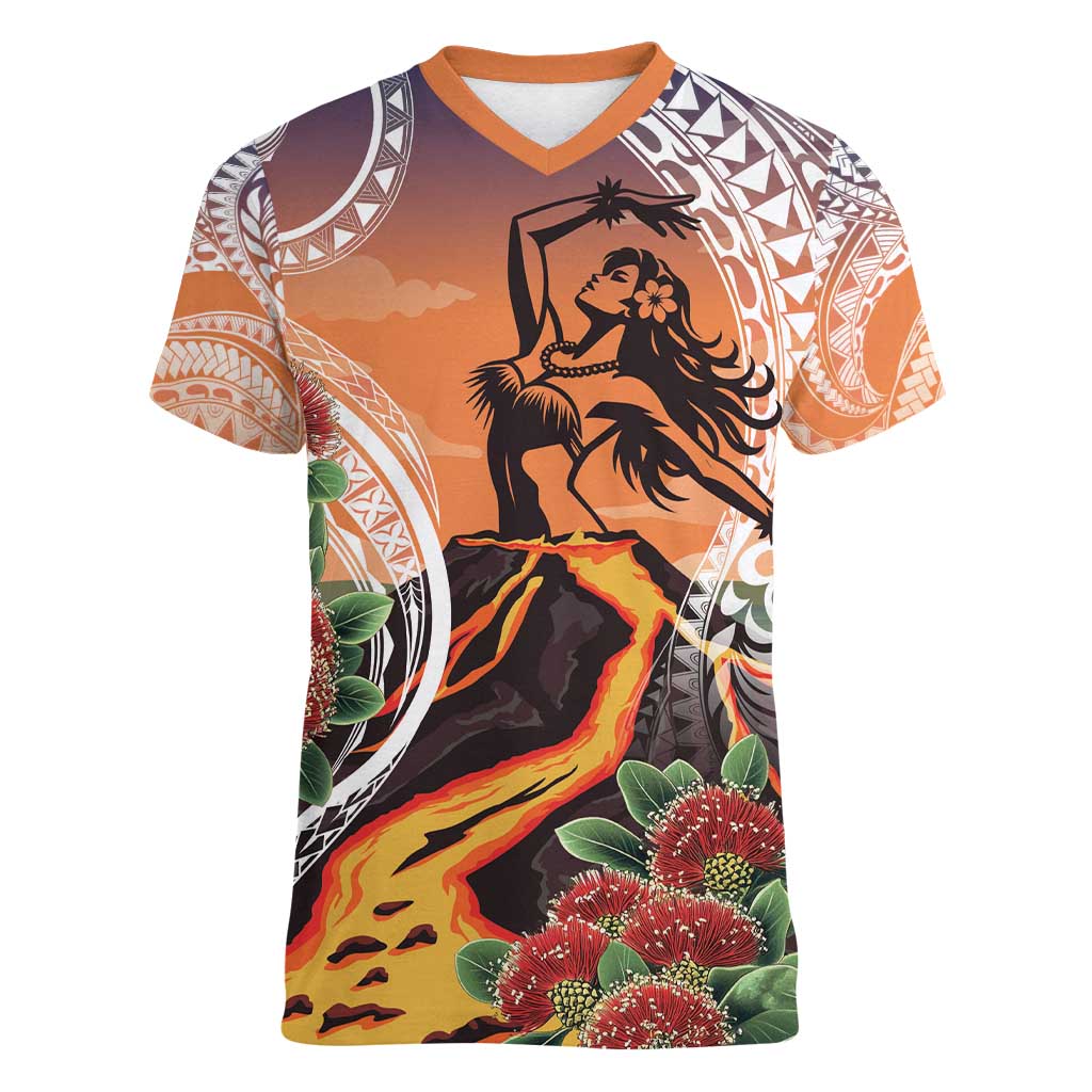 Hawaii Women's Day Tribal Women V-Neck T-Shirt Pele Honua Mea LT7 Female Art - Polynesian Pride