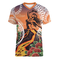 Hawaii Women's Day Tribal Women V-Neck T-Shirt Pele Honua Mea LT7 Female Art - Polynesian Pride