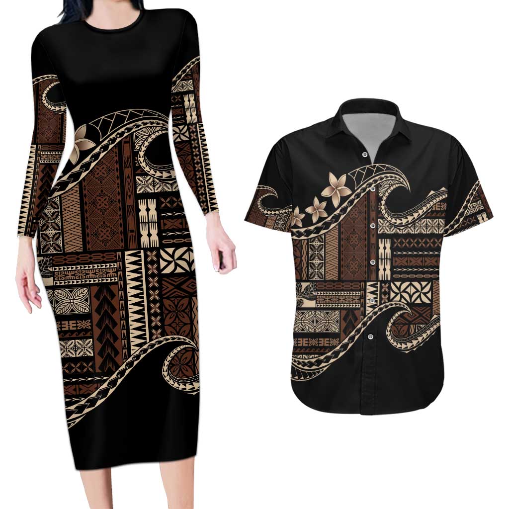 Samoa Siapo Mamanu Couples Matching Long Sleeve Bodycon Dress and Hawaiian Shirt Waves Motifs